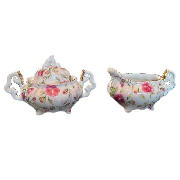 Vtg Lefton China Miniature Creamer & Covered Sugar Pink Rose Chintz NE794R Japan - Picture 1 of 10